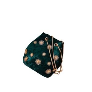 Velvet Daisy Embellished Drawstring Bucket Bag Gold Chain Strap Evening Party